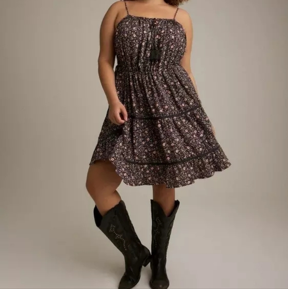 Torrid Halter Festi Tassel Dress Courtney Ditsy Floral Vintage Black Size 00X